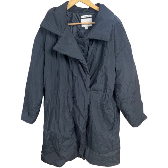 A New Day Black Trench Coat Black Lightweight Puffer Button Jacket Large - Picture 1 of 5